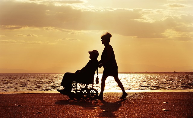 Silhouette%20of%20a%20person%20pushing%20a%20wheelchair%20along%20a%20waterfront%20at%20sunset Silhouette of a person pushing a wheelchair along a waterfront at sunset.